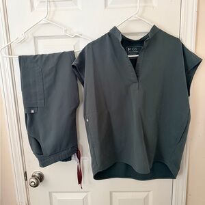 Figs Slate Green Mandarin-Collar Scrub Top and Pants